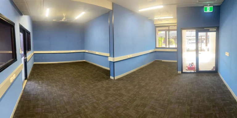 Spacious blue-walled room with carpeted flooring.
